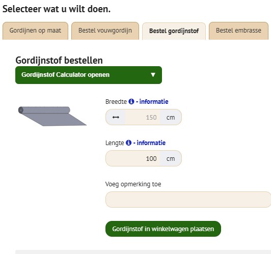 Tabblad 'Bestel gordijnstof'