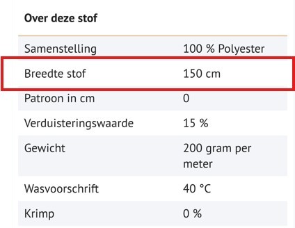 Het blok 'Over deze stof' op een productpagina, met de stofbreedte